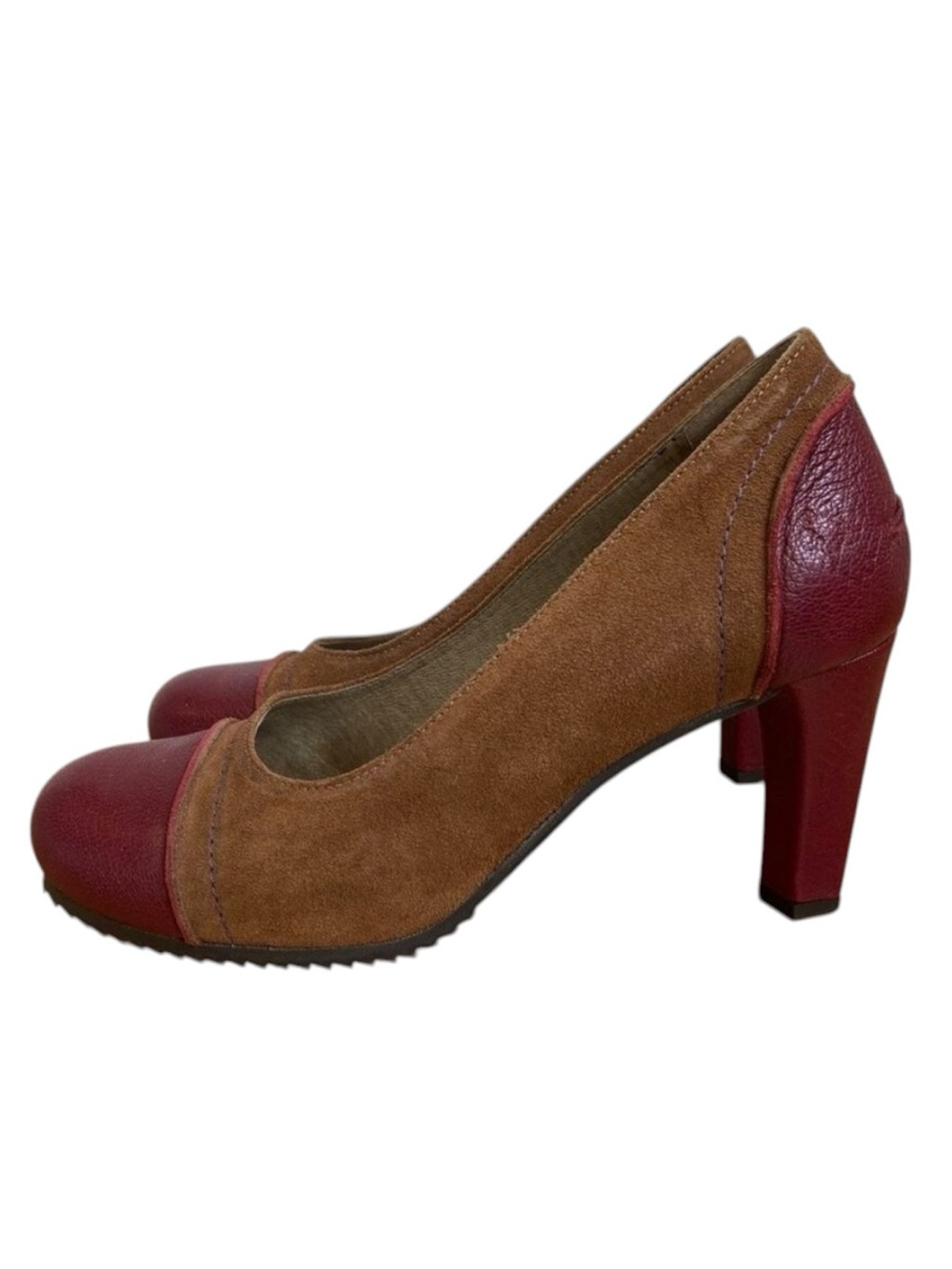 Fly London heel pump color block tan red round 37 toe genuine leather funky chic